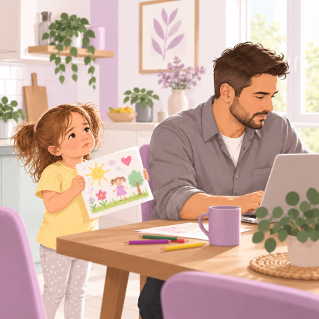 Illustration: Mädchen zeigt ihrem Vater ein gemaltes Bild, er schaut auf seinen Laptop