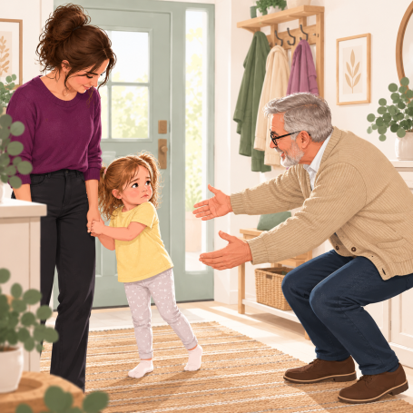 Illustration: Mädchen hält die Hand der Mutter und weicht der Umarmung des Großvaters zögernd aus