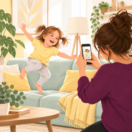 Illustration: Mutter fotografiert ihre lachende Tochter mit dem Smartphone auf dem Sofa